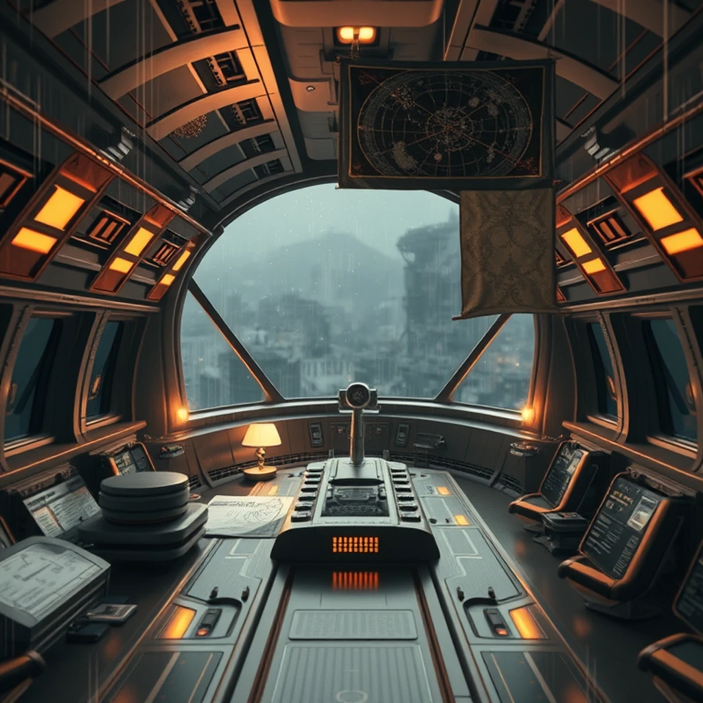 Image A of the puzzle: scifi spaceship bridge with astrogation charts and voice-activated systems