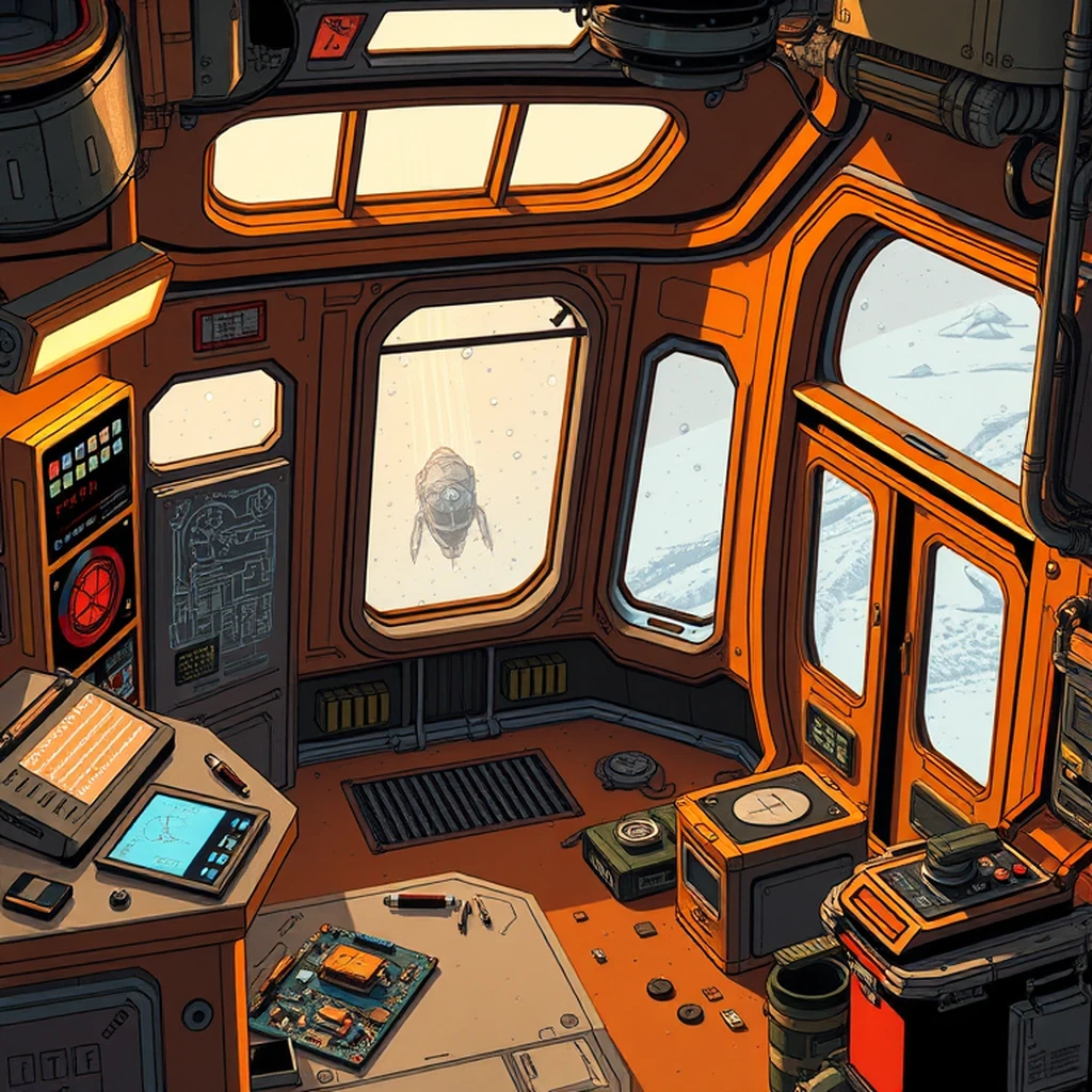 Image A of the puzzle: scifi starship engineering room with plasma conduits