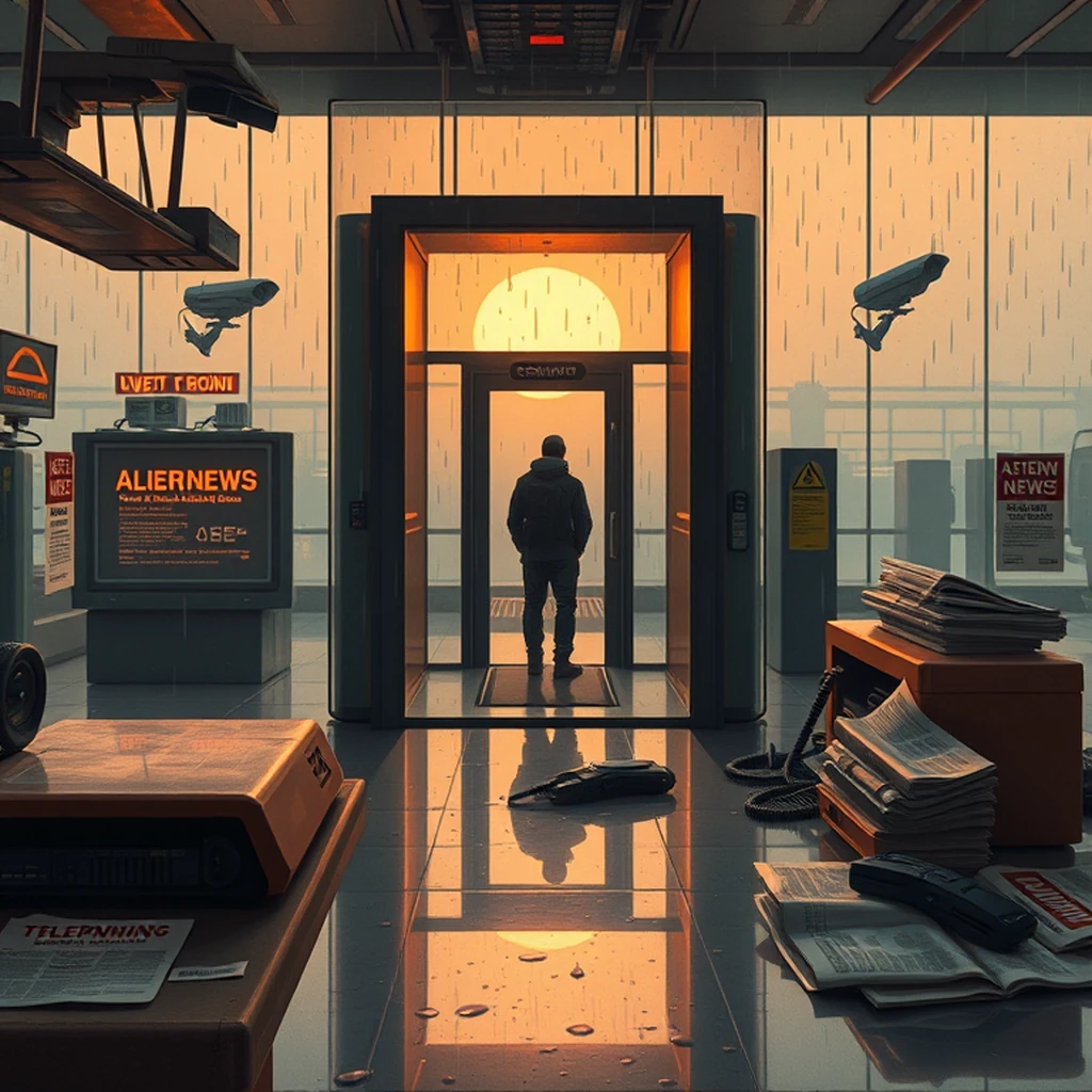 Image A of the puzzle: scifi teleportation booth in spaceport terminal