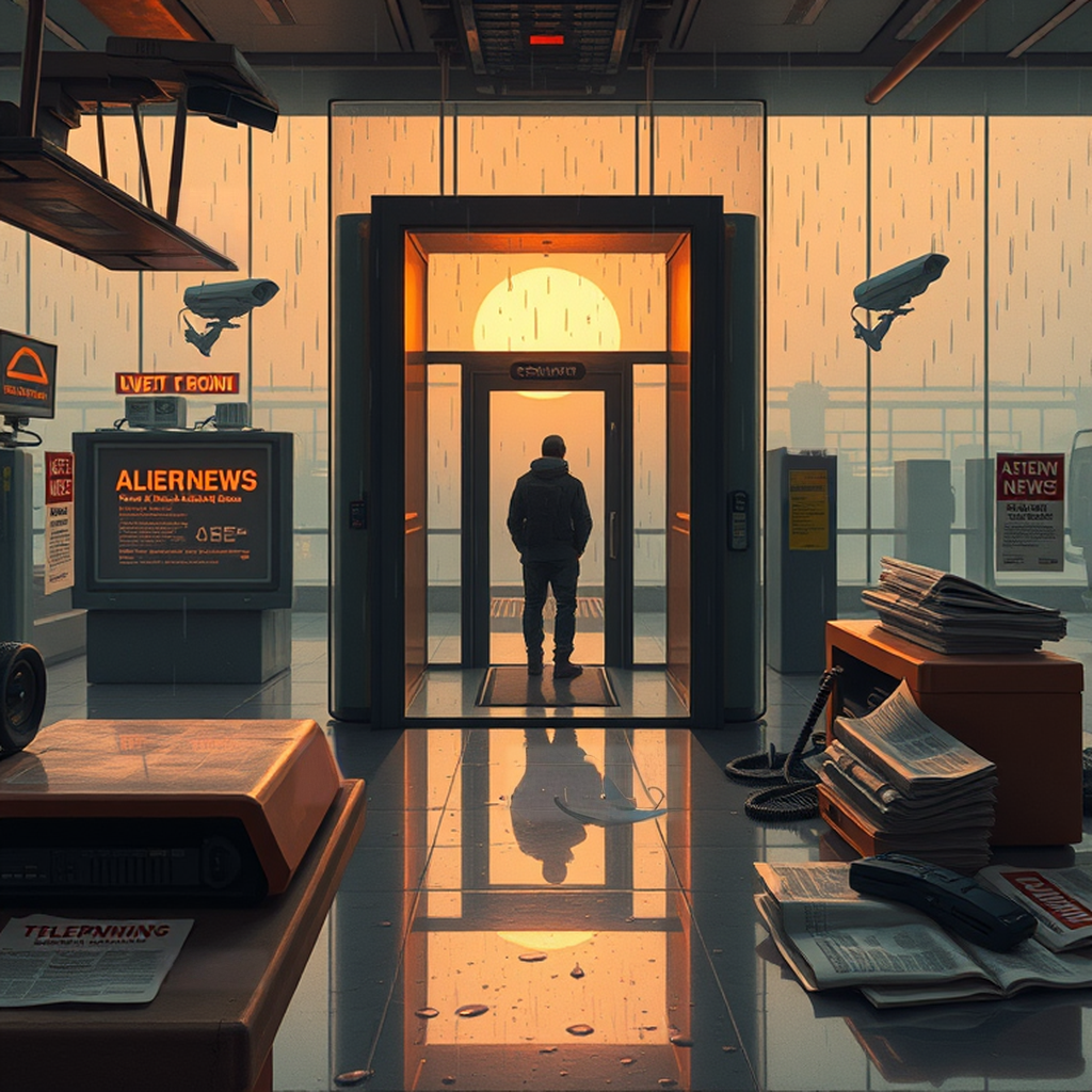 Image B of the puzzle: scifi teleportation booth in spaceport terminal