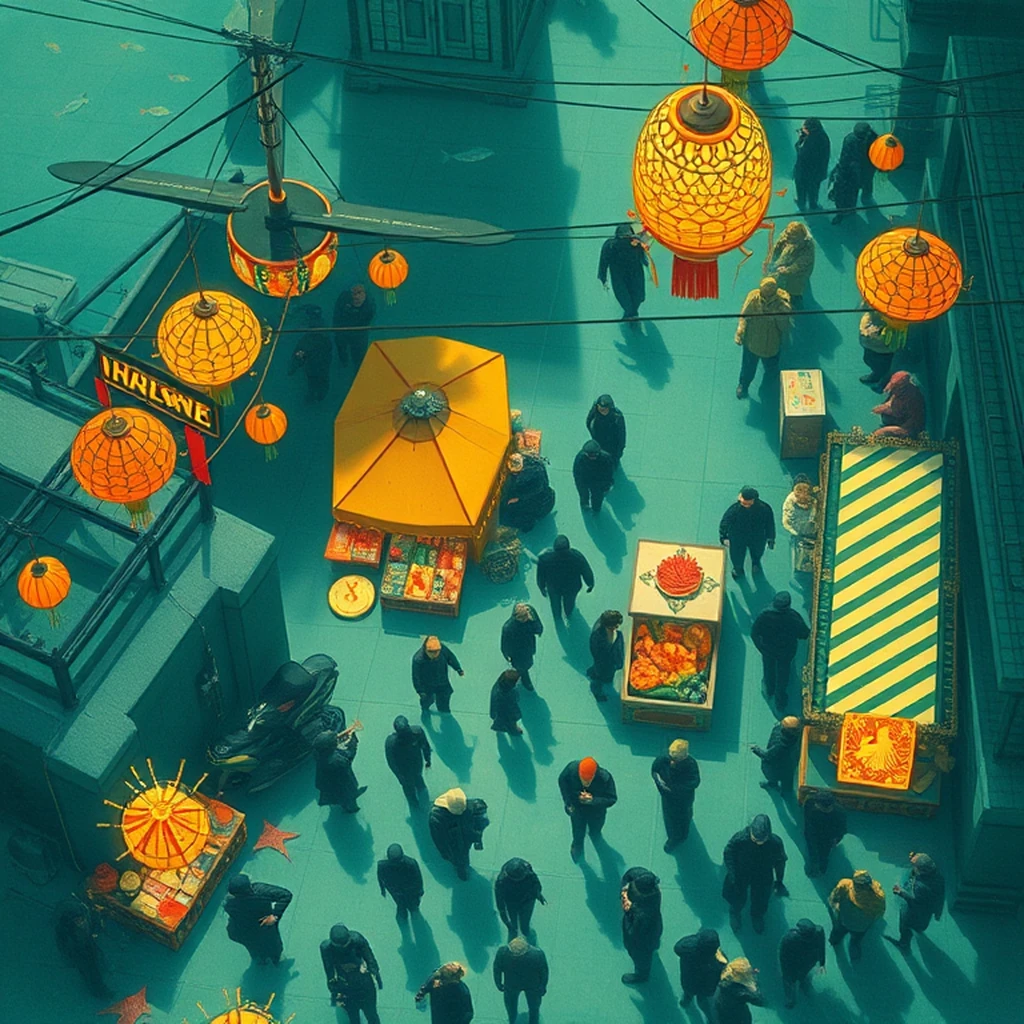 Image A of the puzzle: scifi underwater city street market with hoverbikes and marine merchants