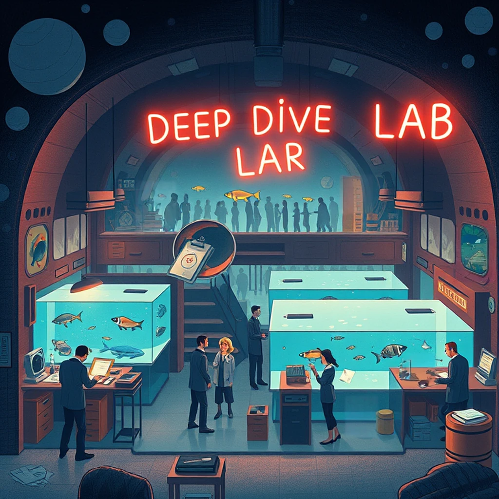 Image B of the puzzle: scifi underwater research facility with marine life tanks