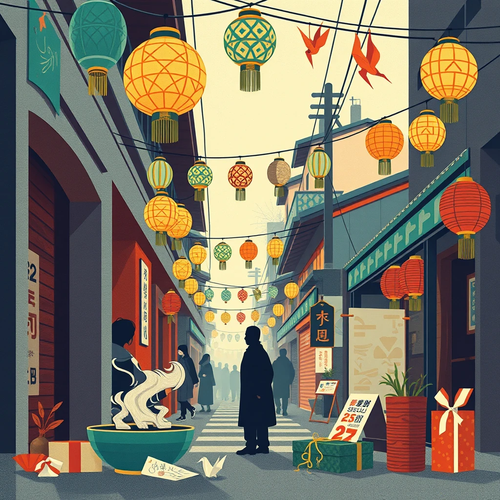 Image A of the puzzle: Seollal lunar new year street parade with lanterns and masks