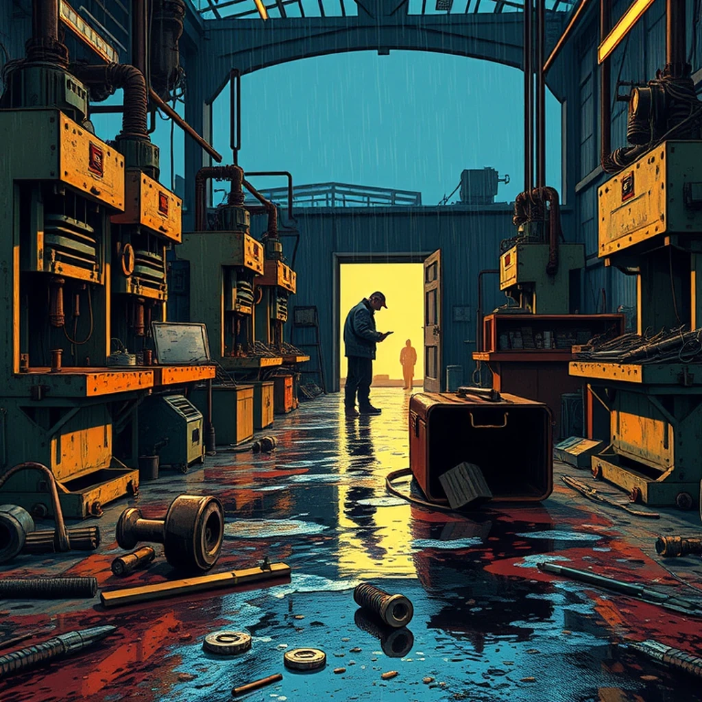 soviet-era industrial workshop with metal presses and welding tools