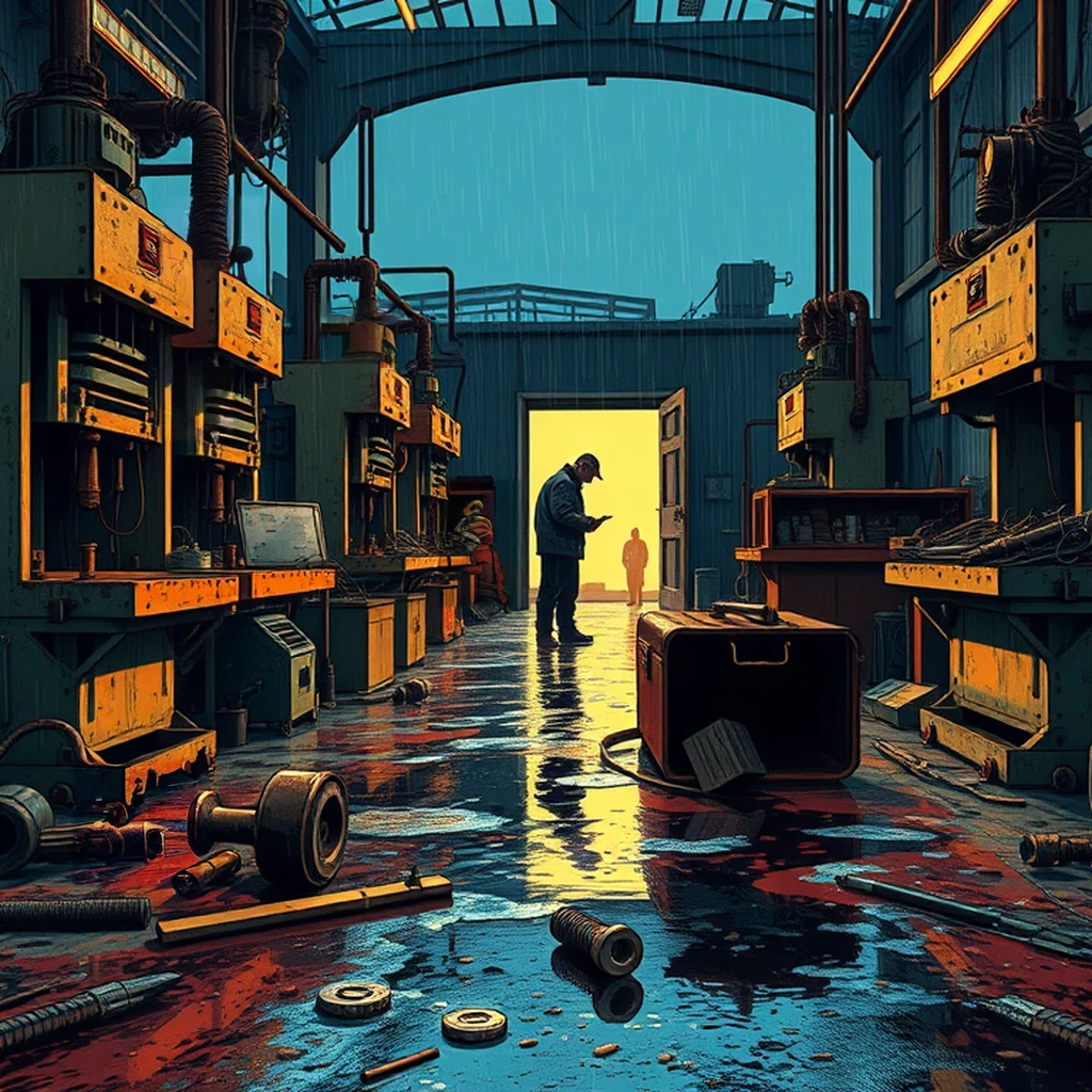 Image B of the puzzle: soviet-era industrial workshop with metal presses and welding tools