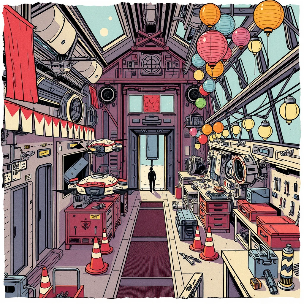 Image A of the puzzle: Space elevator maintenance station with floating repair drones