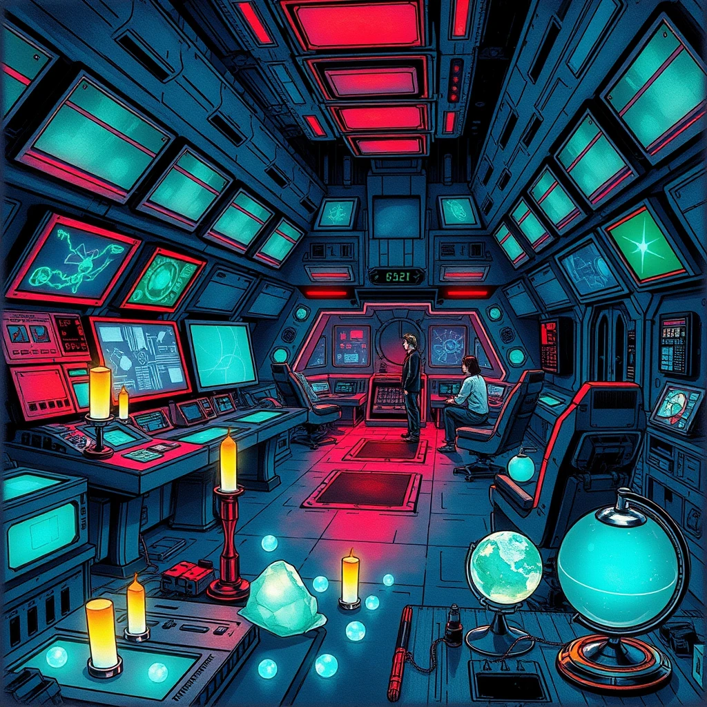 Image A of the puzzle: space station bridge control room with hologram displays and plasma screens
