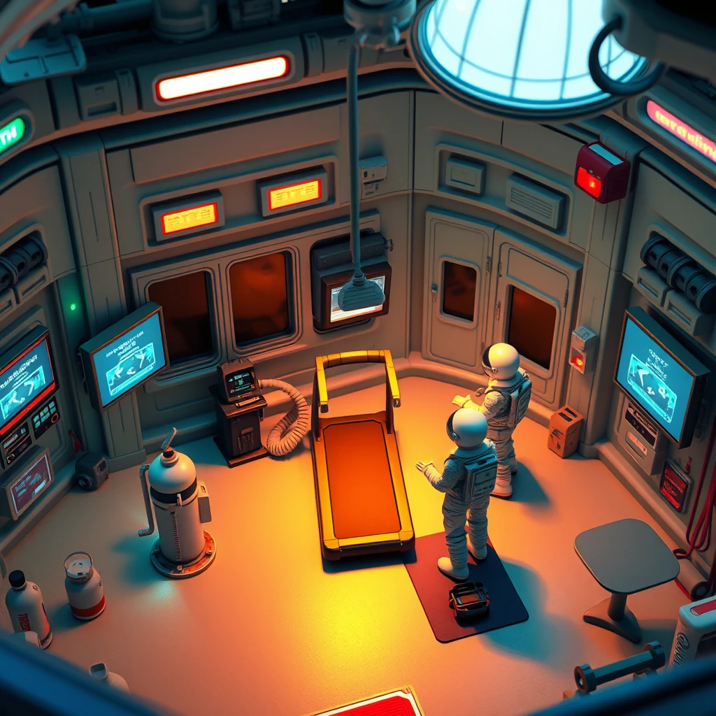 Image A of the puzzle: space station gym with zero-gravity exercise equipment and plasma screens