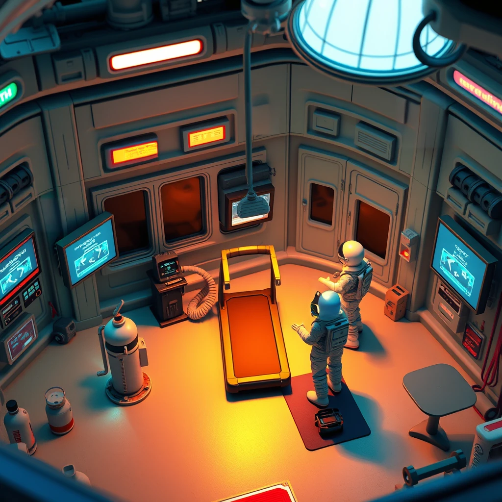 Image B of the puzzle: space station gym with zero-gravity exercise equipment and plasma screens