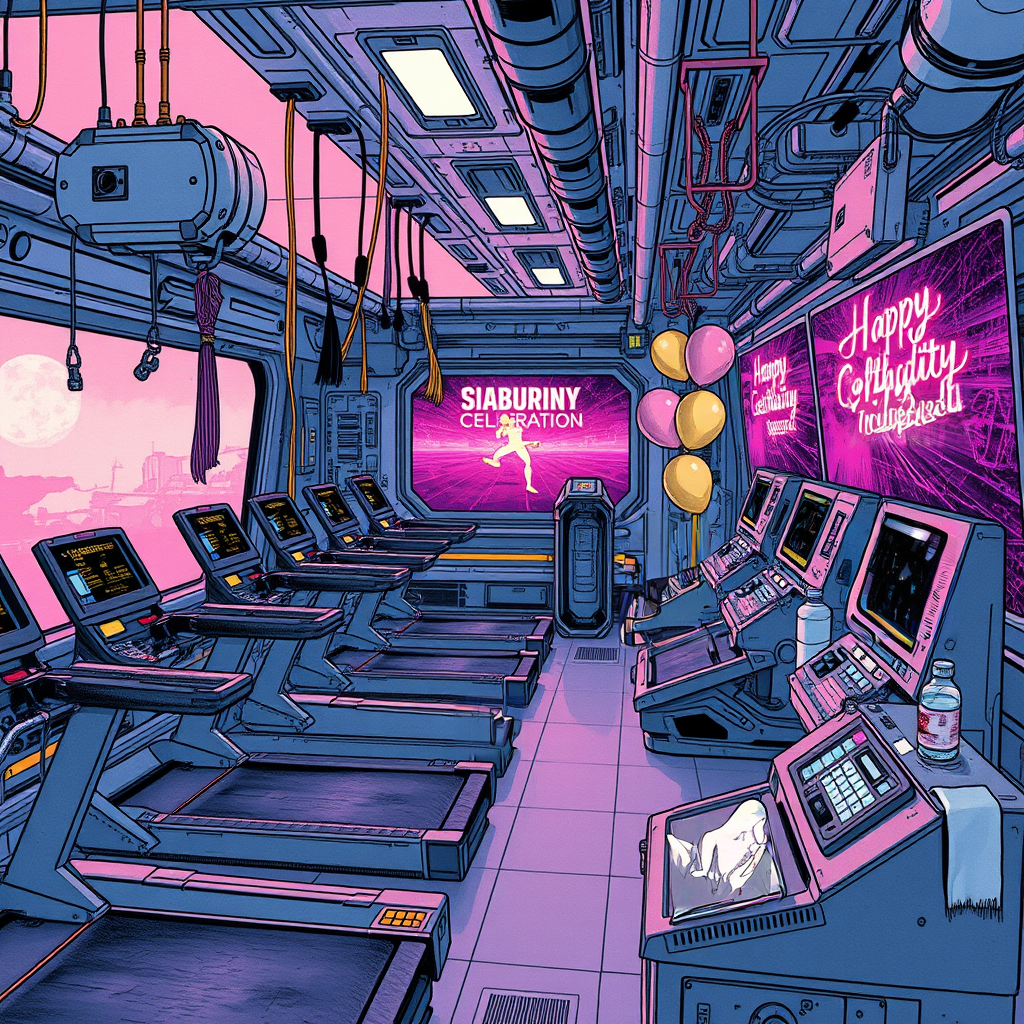 Image B of the puzzle: space station gymnasium with zero-gravity exercise equipment and plasma displays