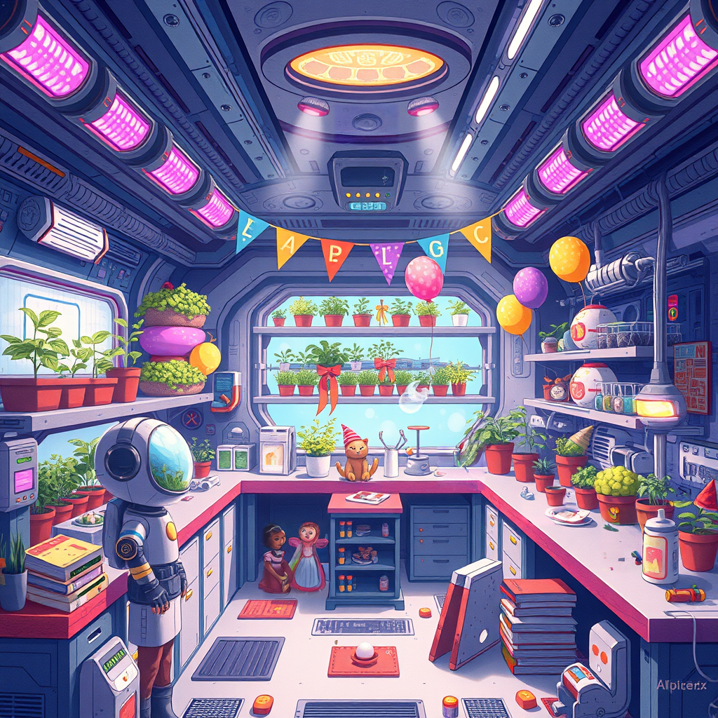 Image B of the puzzle: space station hydroponics lab under purple grow lights with biometric monitoring