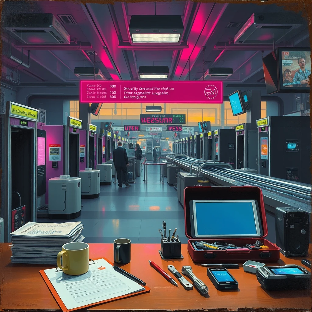 Image A of the puzzle: spaceport customs checkpoint with biometric scanners and neural interfaces