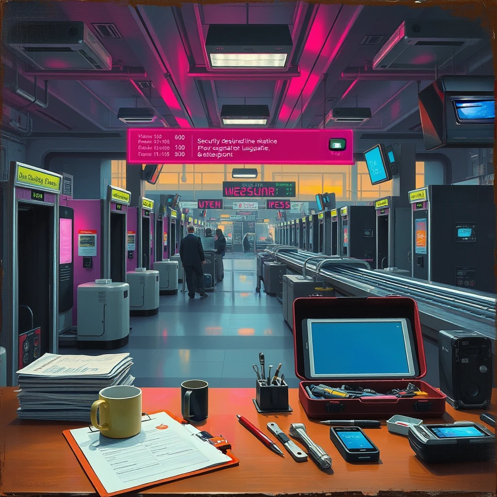 Image B of the puzzle: spaceport customs checkpoint with biometric scanners and neural interfaces
