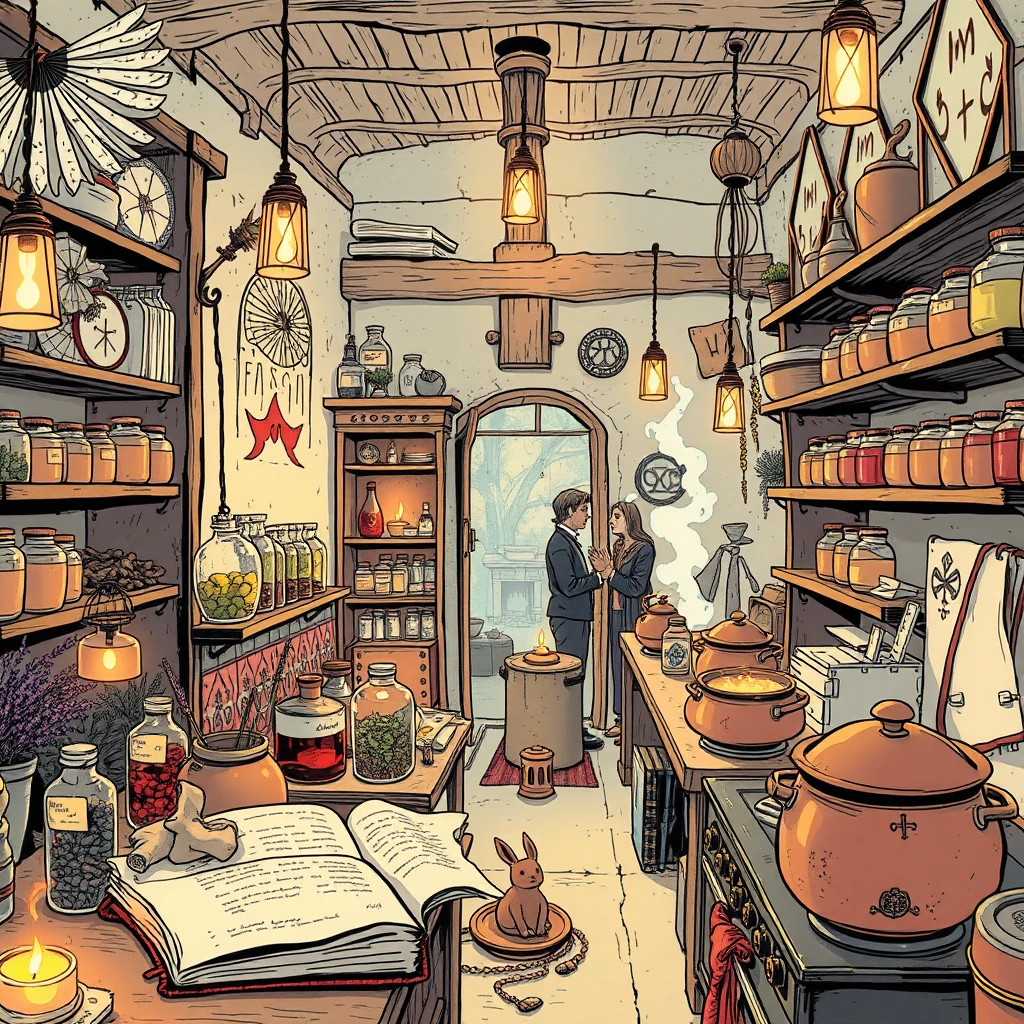 Image A of the puzzle: spiritual healer's herbal apothecary with glowing potions and feather fans