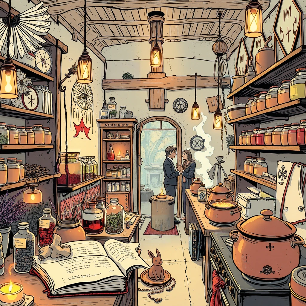Image B of the puzzle: spiritual healer's herbal apothecary with glowing potions and feather fans