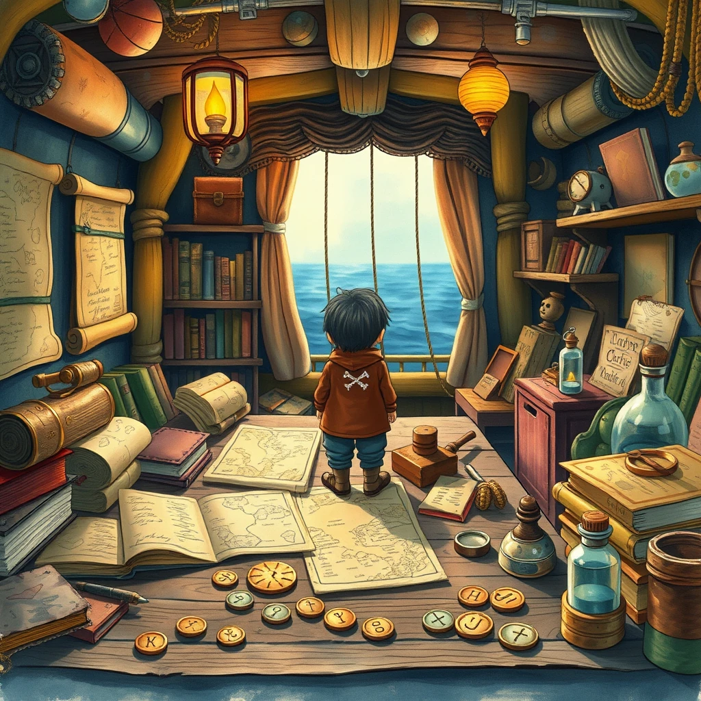 Image A of the puzzle: sunken pirate ship's cabin filled with treasure maps and sea charts