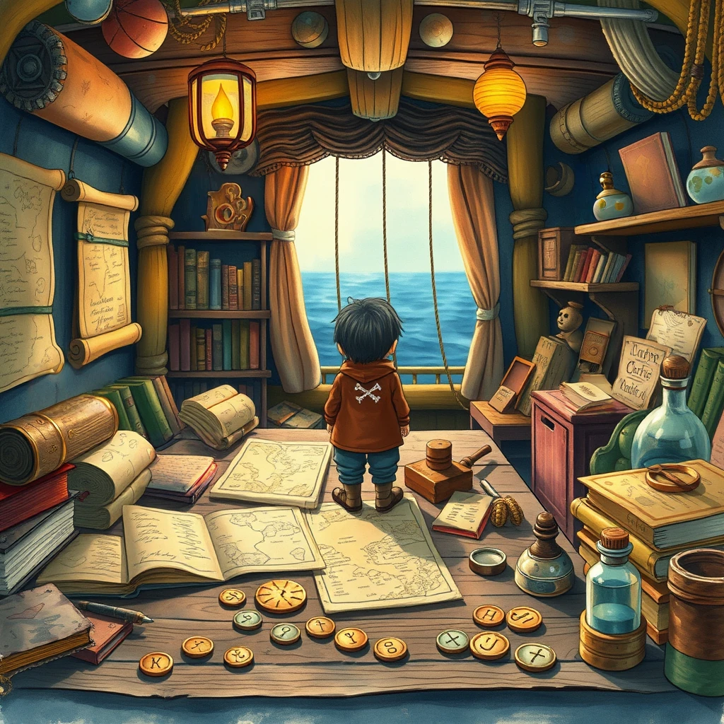 Image B of the puzzle: sunken pirate ship's cabin filled with treasure maps and sea charts
