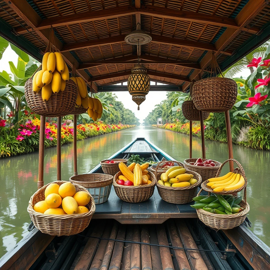 Image A of the puzzle: Thai floating market boat with woven baskets and hanging tropical fruit