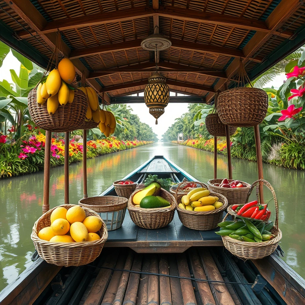 Image B of the puzzle: Thai floating market boat with woven baskets and hanging tropical fruit