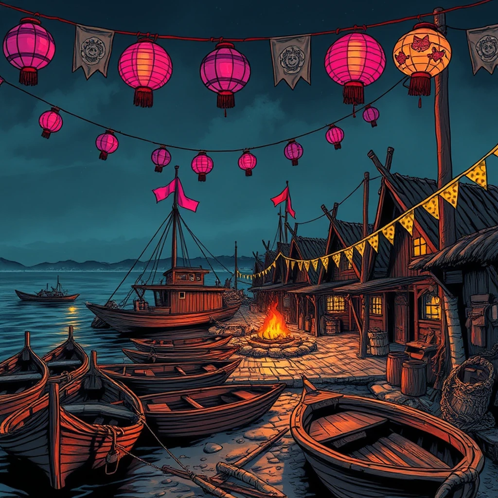 Image A of the puzzle: troll fishing village by the lakeshore with wooden boats