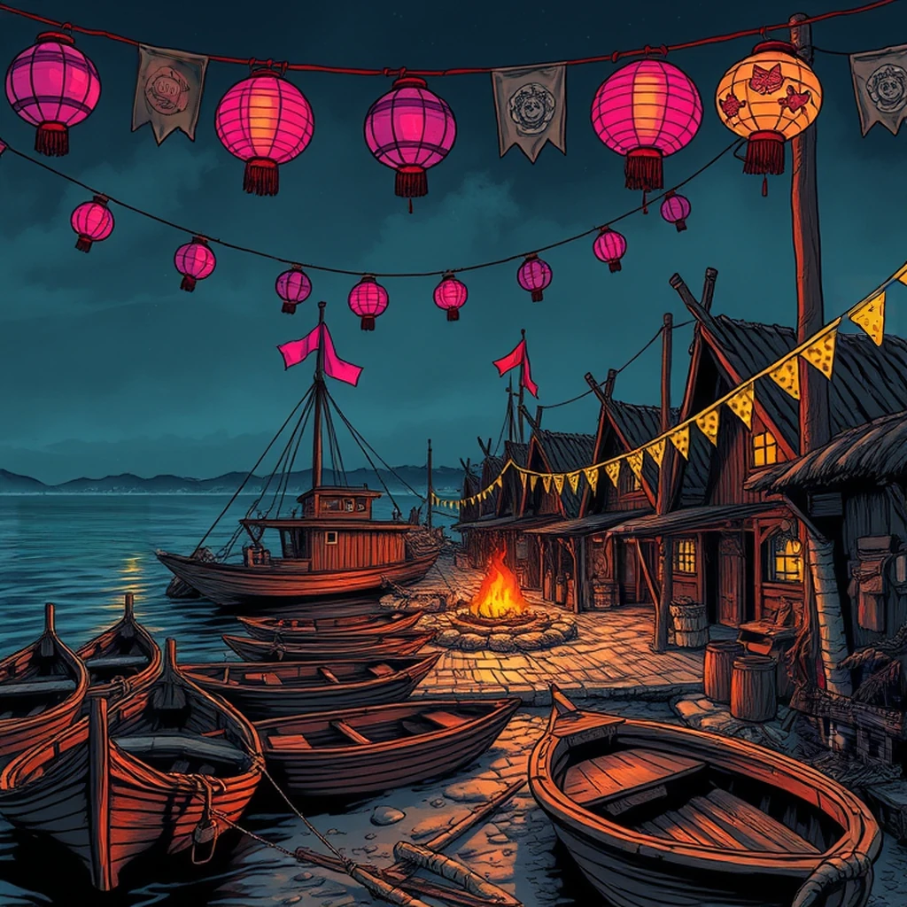 Image B of the puzzle: troll fishing village by the lakeshore with wooden boats