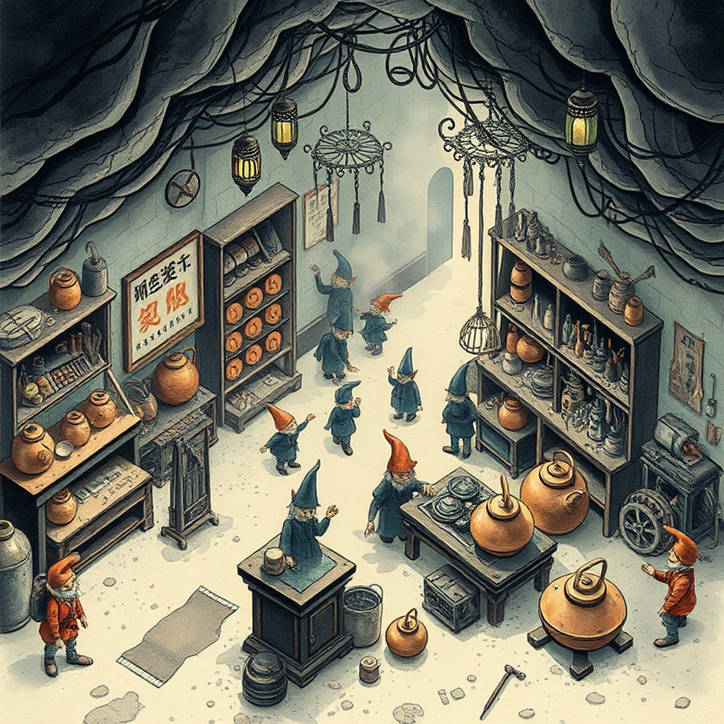 Image A of the puzzle: Underground gnome workshop with tiny gear contraptions and copper kettles