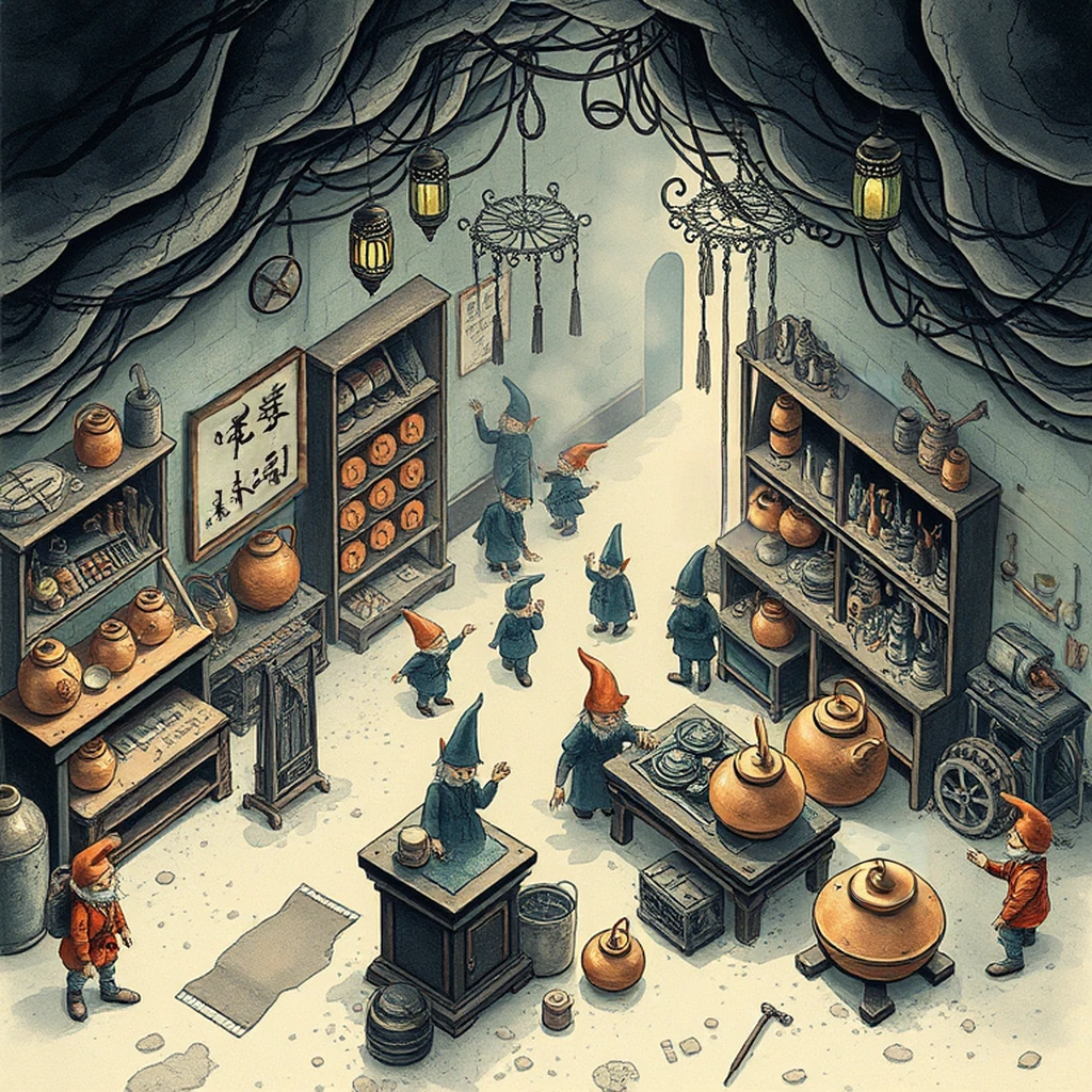 Image B of the puzzle: Underground gnome workshop with tiny gear contraptions and copper kettles