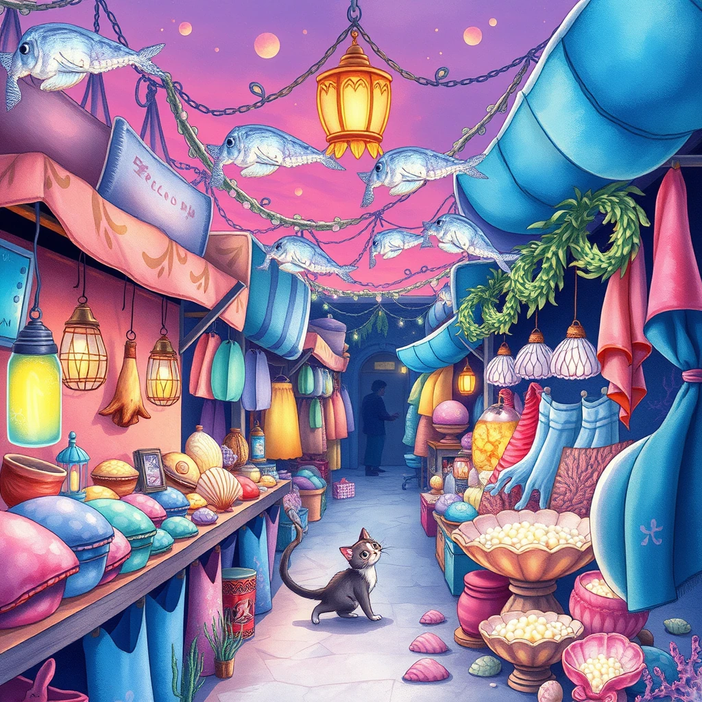 Image A of the puzzle: underwater city market stalls with iridescent fabrics and glowing products