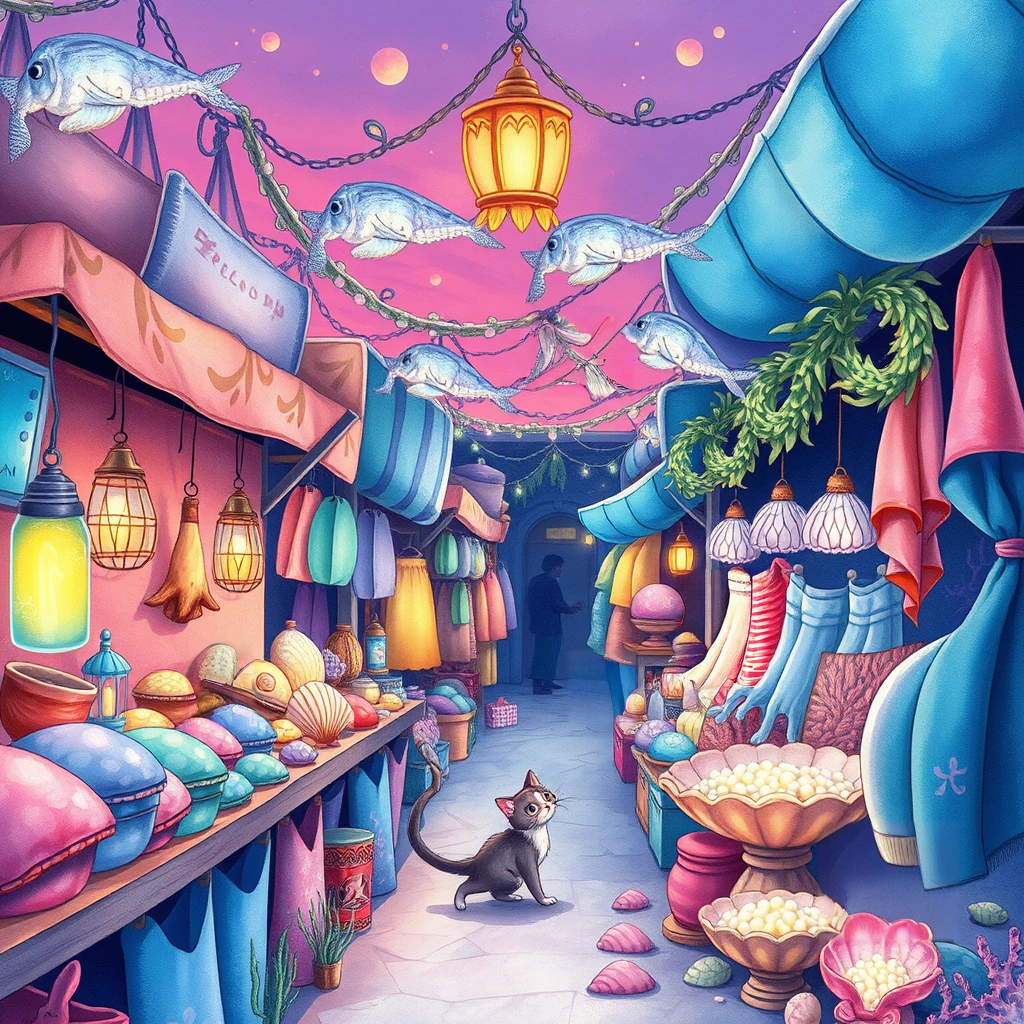 Image B of the puzzle: underwater city market stalls with iridescent fabrics and glowing products