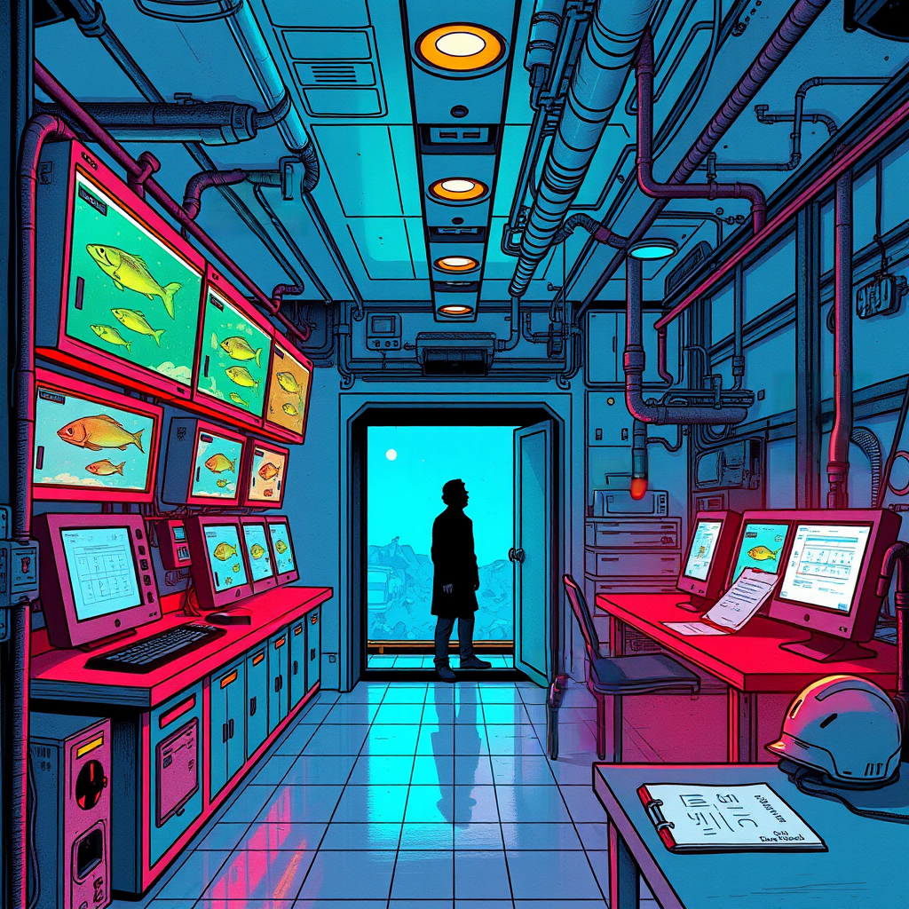 Image B of the puzzle: underwater research lab control room with bioluminescent fish tanks and blue lighting