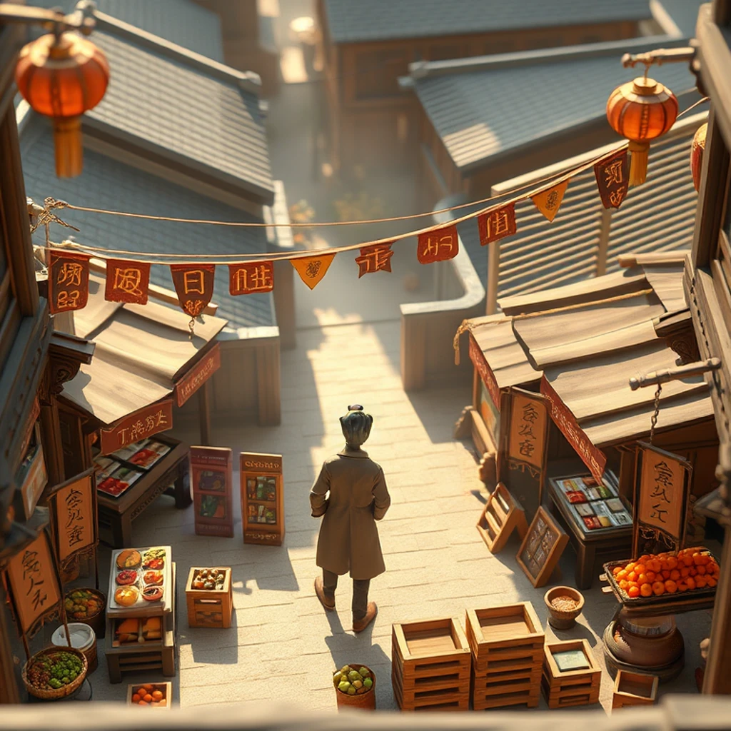Image B of the puzzle: village market square during festival day with food stalls