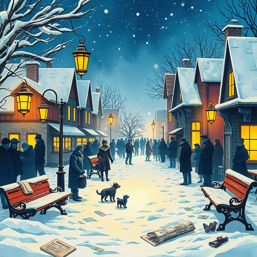 Image A of the puzzle: village square on a snowy winter night with lanterns hanging