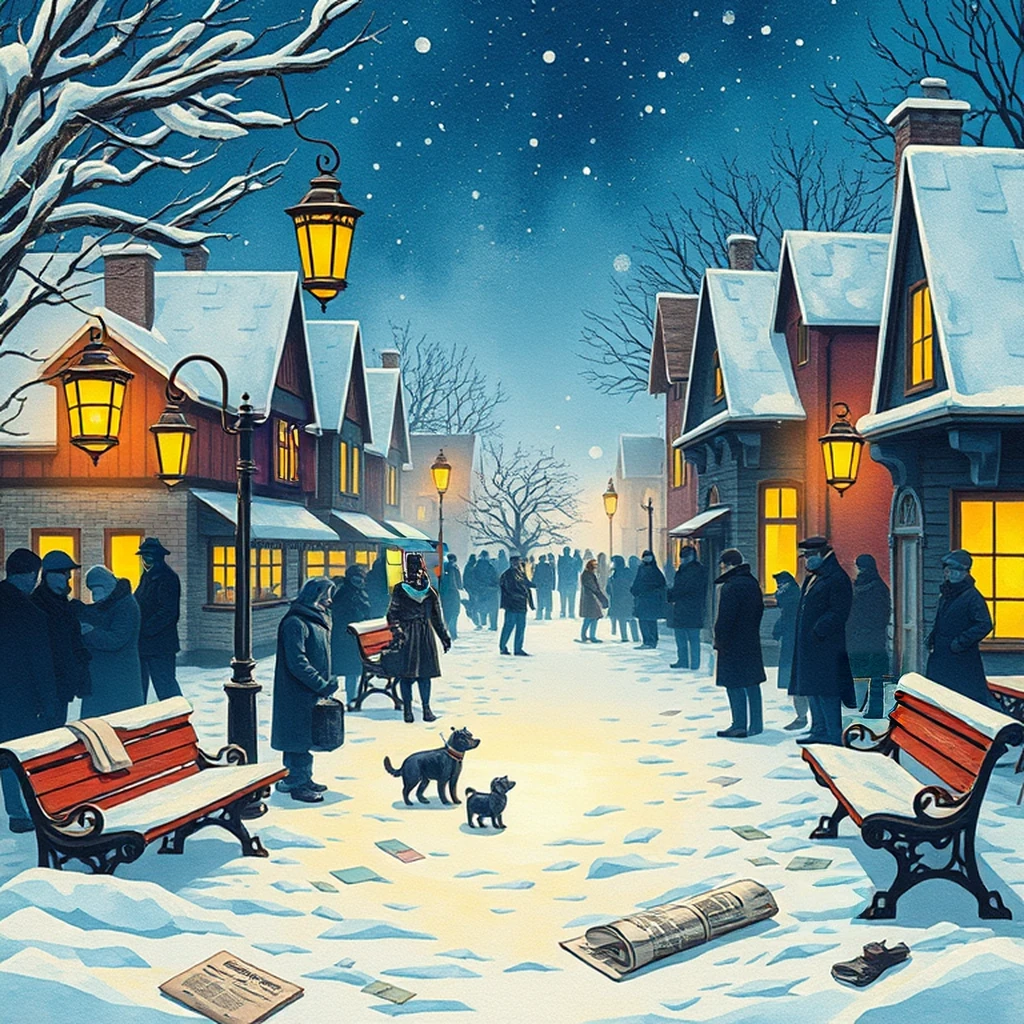 Image B of the puzzle: village square on a snowy winter night with lanterns hanging