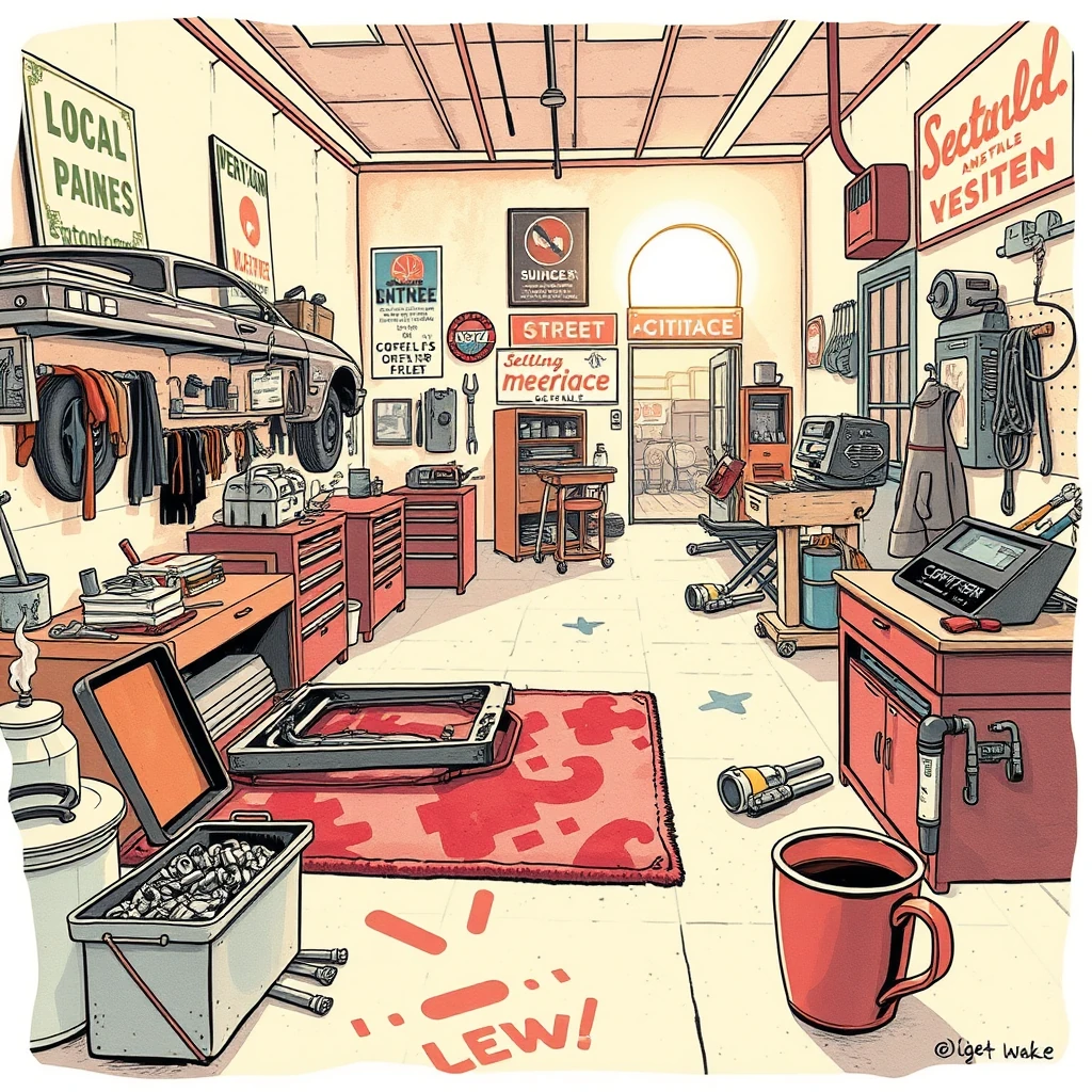 Image A of the puzzle: vintage 1950s car repair shop with grease monkeys and tool belts