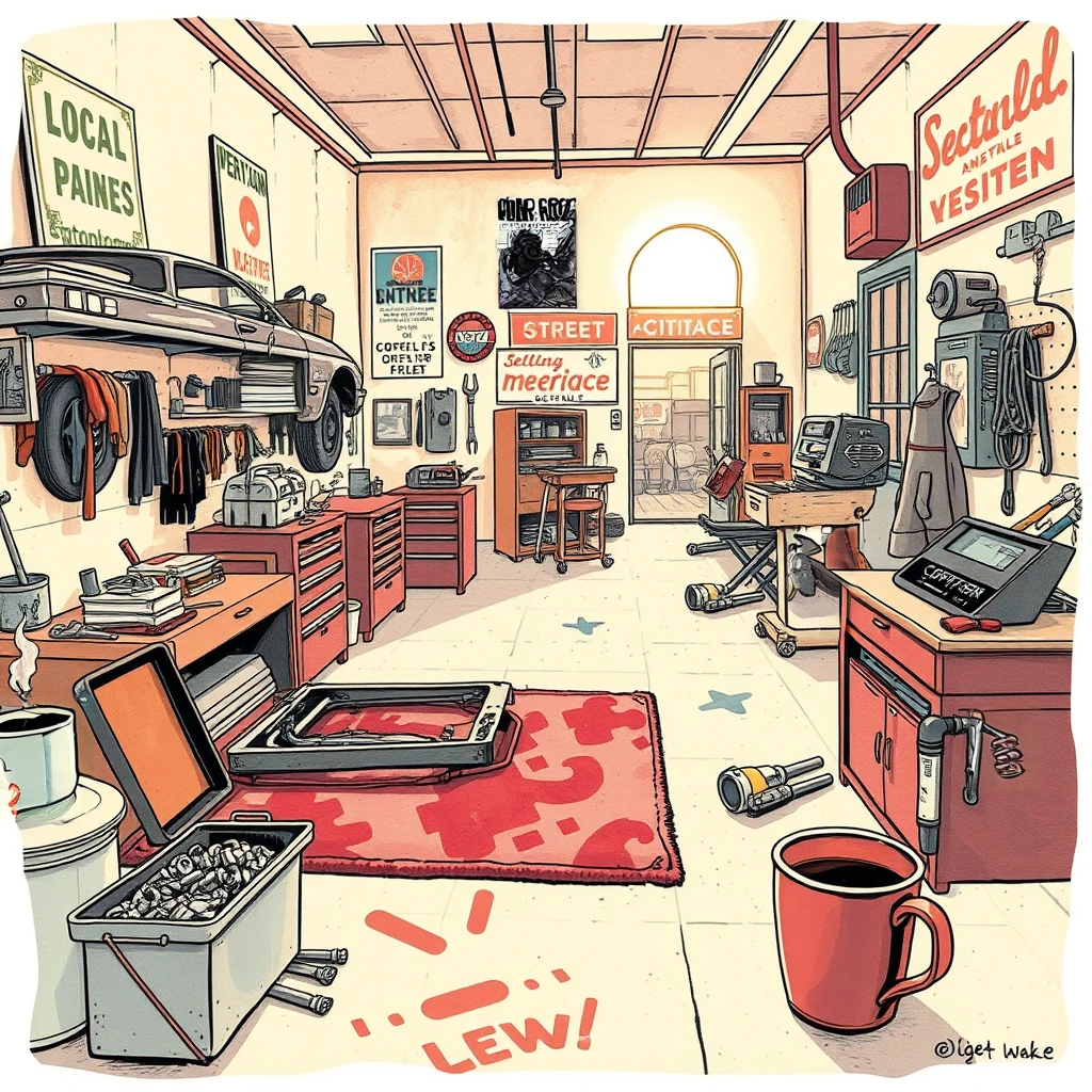 Image B of the puzzle: vintage 1950s car repair shop with grease monkeys and tool belts