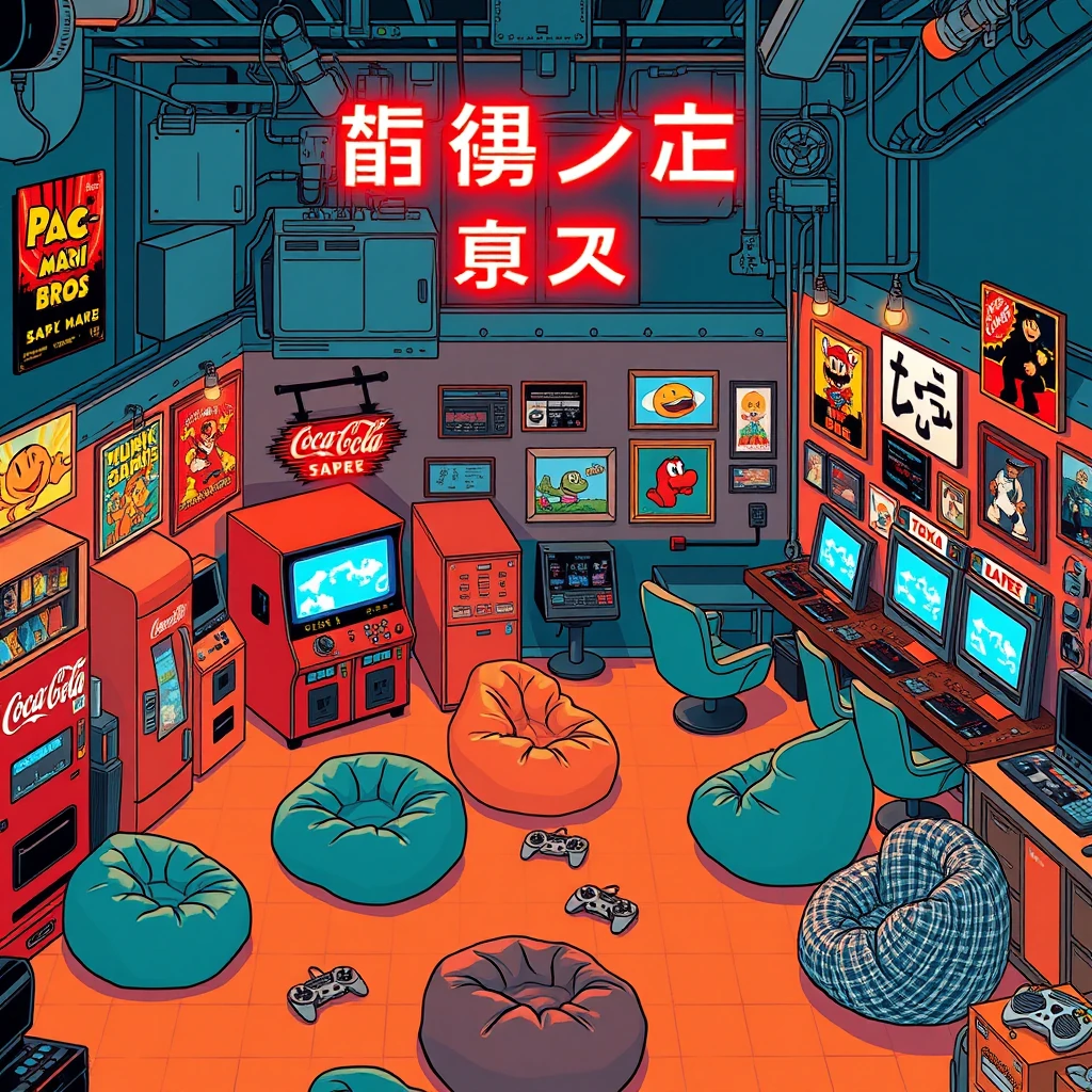 Image A of the puzzle: vintage console gaming cafe in tokyo with retro arcade games and beanbag chairs