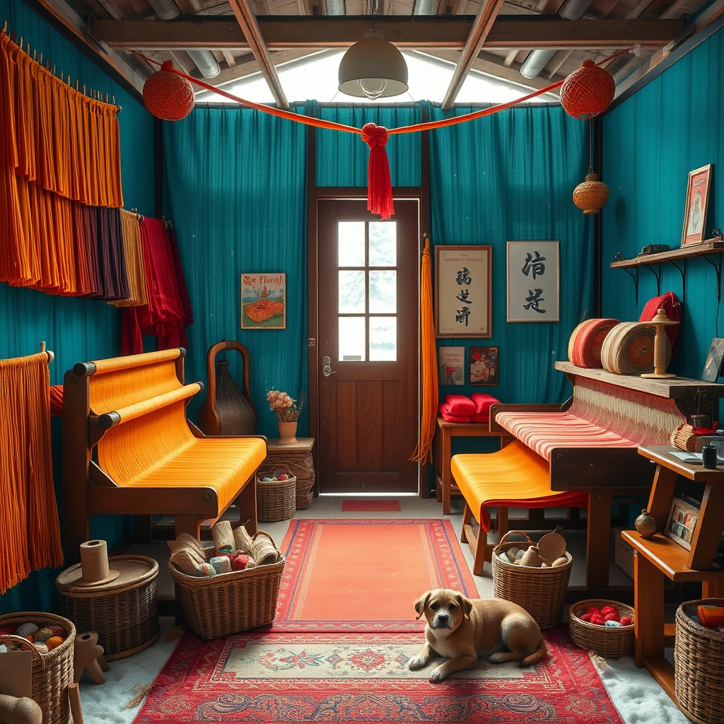Image A of the puzzle: vintage thailand silk weaving studio with vibrant fabric rolls and looms