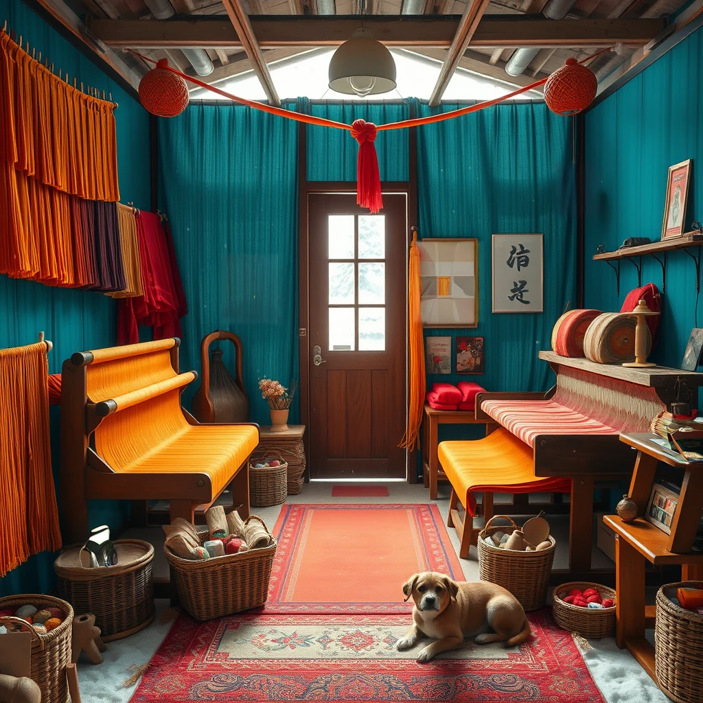 Image B of the puzzle: vintage thailand silk weaving studio with vibrant fabric rolls and looms