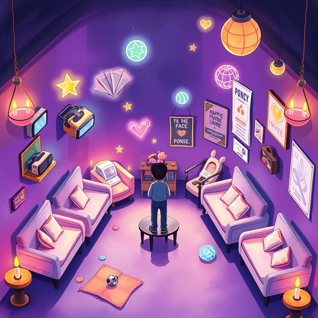 Image B of the puzzle: virtual reality lounge with floating couches and haptic feedback suits