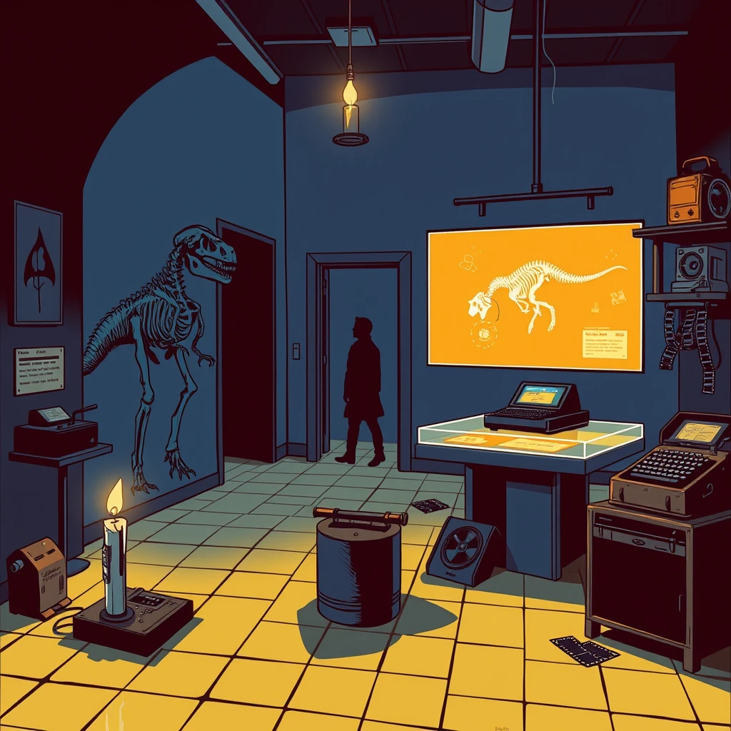 Image A of the puzzle: virtual reality museum exhibit hall with interactive exhibits and holoprojectors