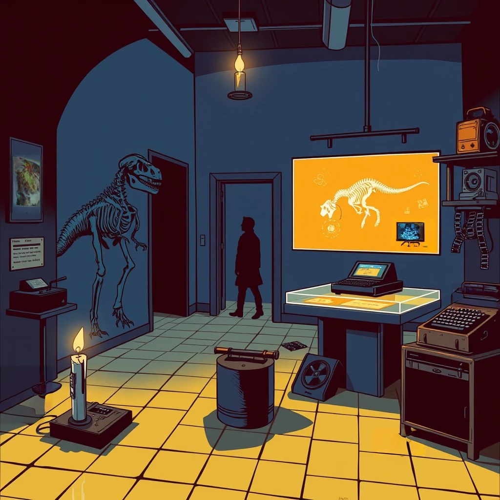 Image B of the puzzle: virtual reality museum exhibit hall with interactive exhibits and holoprojectors