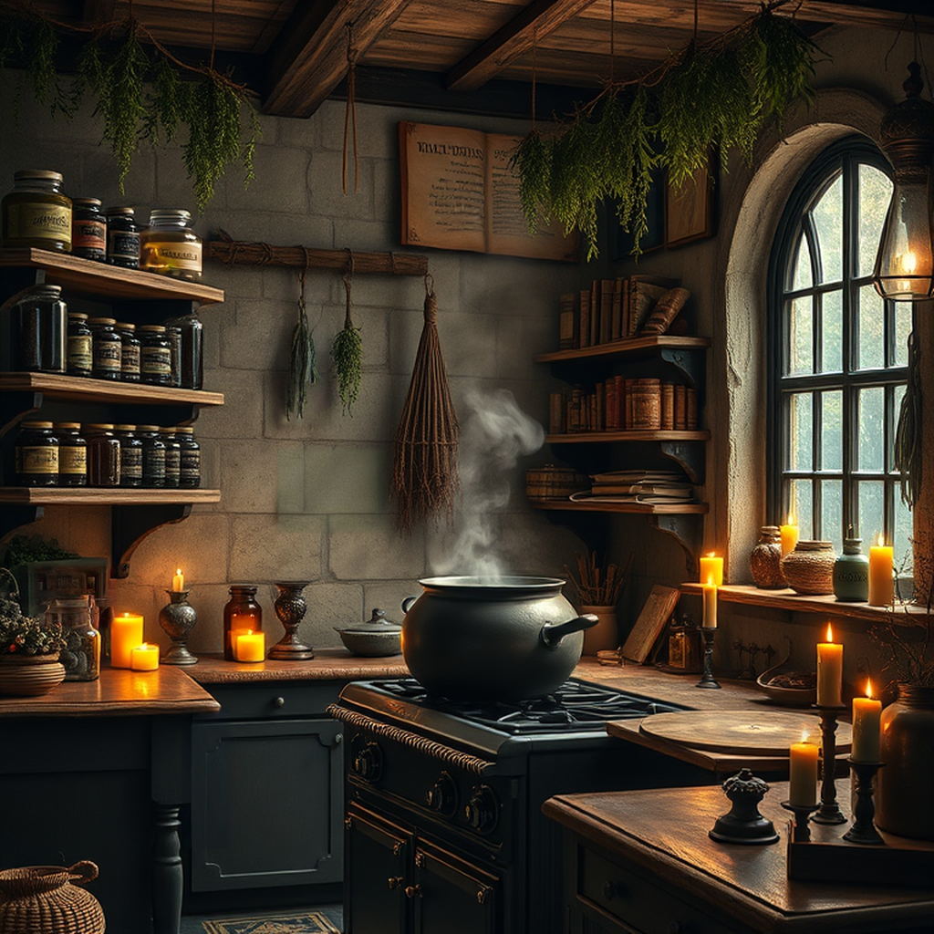 Image B of the puzzle: Witch's potion kitchen with hanging dried herbs and bubbling cauldrons