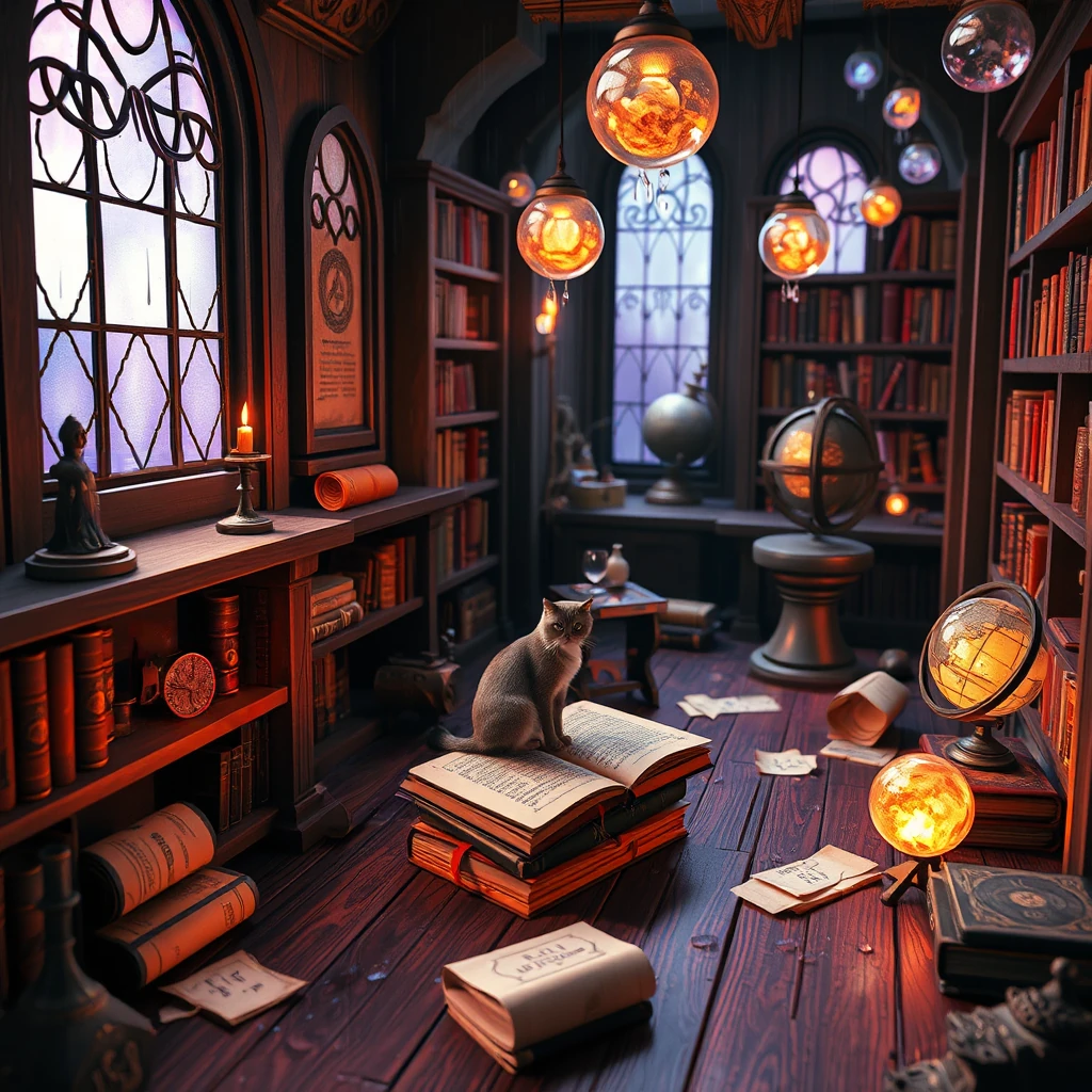 Image B of the puzzle: wizard's library surrounded by crystal orbs and levitating tomes