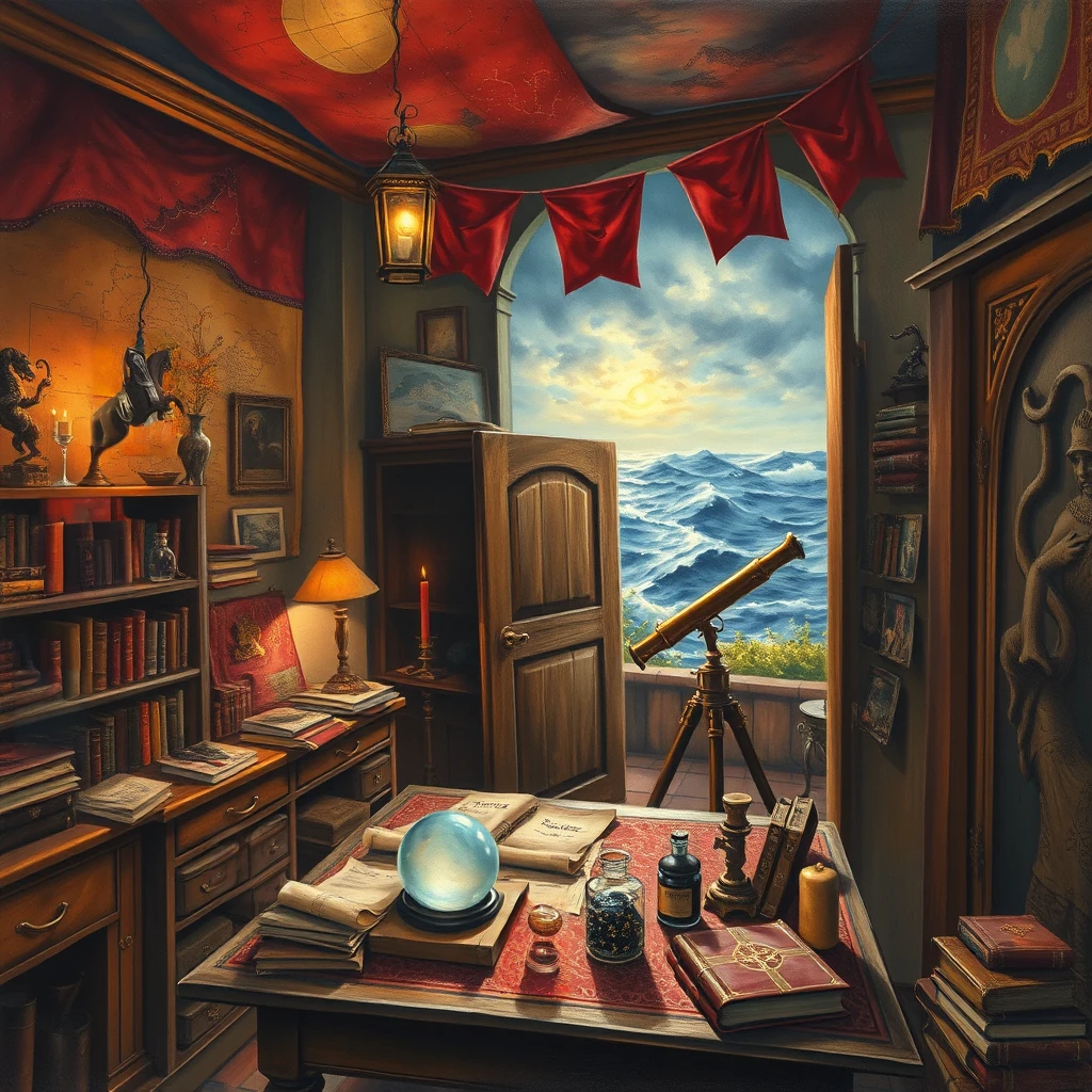 Image B of the puzzle: wizard's study overlooking a stormy sea with constellation maps on walls