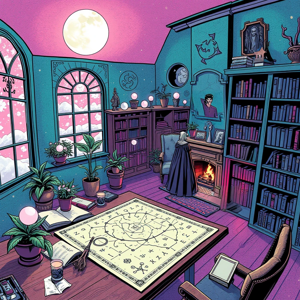 Image B of the puzzle: wizard's study under moonlight with crystal orbs and constellation maps