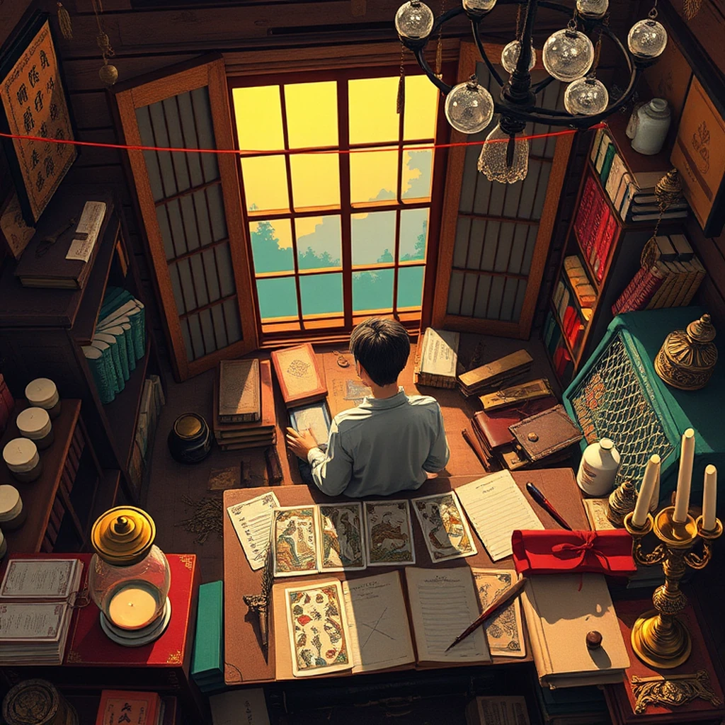 Image A of the puzzle: wizard's study with potion bottles and tarot cards on the table
