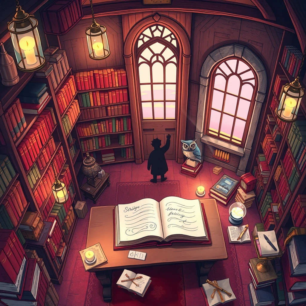 Image A of the puzzle: wizard's tower library with books floating mid-air and magical quills
