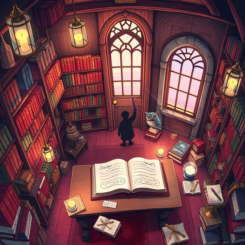 Image B of the puzzle: wizard's tower library with books floating mid-air and magical quills