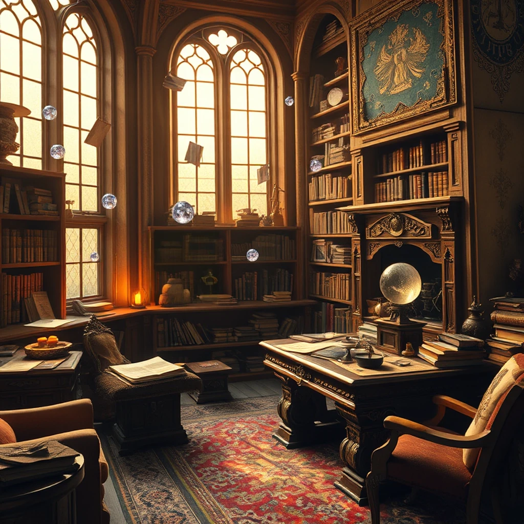 Image A of the puzzle: Wizard's tower study with floating spellbooks and crystal orbs at twilight