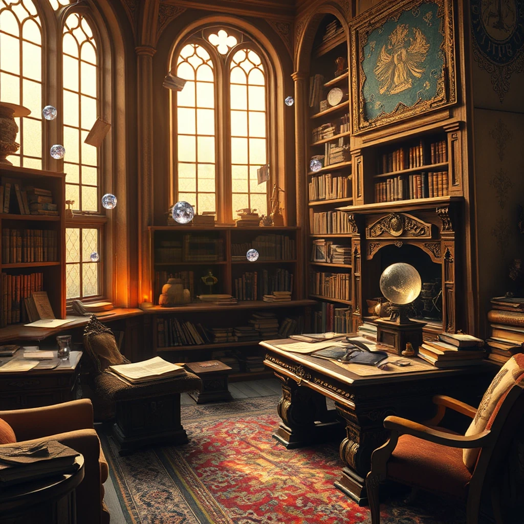 Image B of the puzzle: Wizard's tower study with floating spellbooks and crystal orbs at twilight